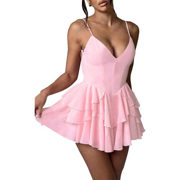 Lufeng Women's Pink 96%Polyester,4%spandex Summer Sexy Backless Romper Jumpsuit - Picture 3 of 7